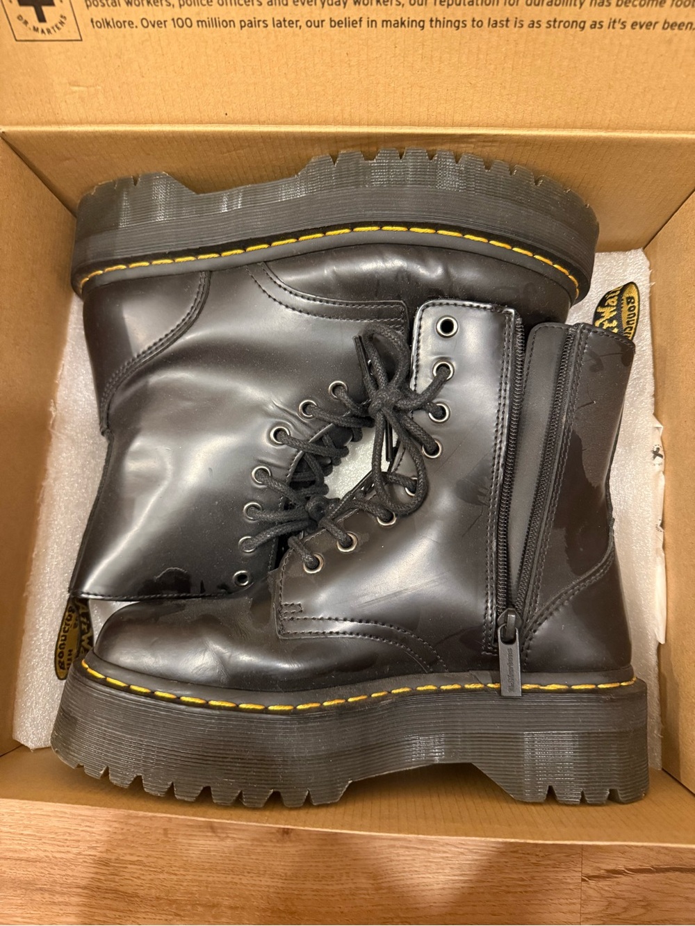 Dr. Martens Black Leather Combat Boots with Yellow Stitching